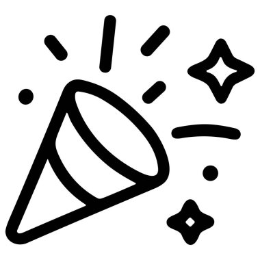 Parti patlayıcısının ya da konfeti konisinin minimalist vektör simgesi. Siyah çizgiler, kutlama, eğlence ve başarıyı sembolize eden parıltı ve yıldız patlamalarını gösteriyor..