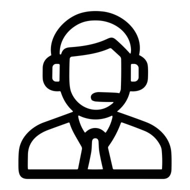 Müşteri hizmetleri temsilcisinin mikrofonlu kulaklık taktığı basit bir siyah beyaz çizgi simgesi. Bu vektör grafik destek, yardım ve iletişimi sembolize eder.