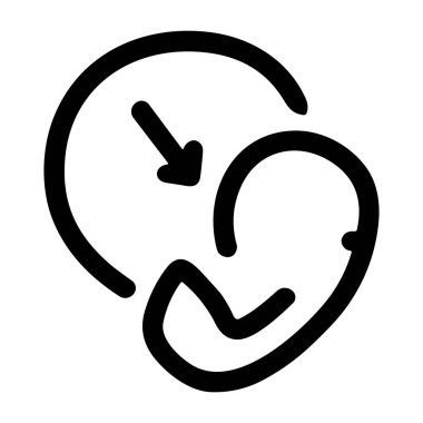 Basit bir siyah-beyaz çizgi sanat ikonu biçimlendirilmiş fetüs ya da embriyoyu dairesel bir şekilde tasvir ediyor. Bir ok, gebeliği, yeni yaşamı ya da hamileliği sembolize eder..