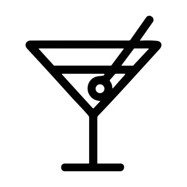 Klasik bir martini bardağını tasvir eden minimalist bir sanat ikonu. Tasarım, temiz, modern ve basit bir vektör stiliyle sunulan tek bir zeytin ve bir kokteyl karıştırıcısını içerir..