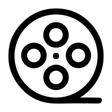 Bir film makarasının minimalist bir sanat simgesi. Bu basit siyah beyaz grafik, beyaz arka planda izole edilmiş sinema, film yapımı, eğlence ve film endüstrisini temsil eder..