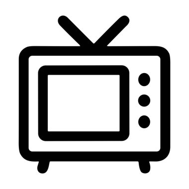 Antenli eski bir televizyonun basit bir siyah taslak simgesi. Bu minimalist vektör grafiği klasik teknolojiyi, medyayı, yayını ve ev eğlencelerini temsil eder..