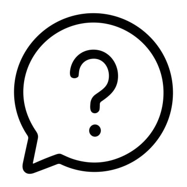 Konuşma balonunun içinde soru işareti olan minimalist bir sanat simgesi. Bu vektör grafik sorular, yardım, destek, SSS ve iletişim kavramlarını temsil eder.