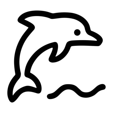 Sudan atlayan neşeli bir yunusun minimalist vektör çizimi. Bu temiz, siyah çizgili grafik beyaz bir arkaplanda izole edilmiş, logolar ve simgeler için mükemmel.