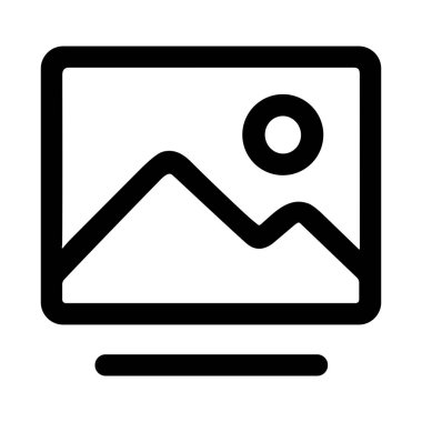 Dağları ve yuvarlak bir dikdörtgen çerçevenin içindeki güneşi gösteren temiz ve basit bir vektör grafik ikonu. UI tasarımı için beyaz bir arkaplanda izole edilmiş.