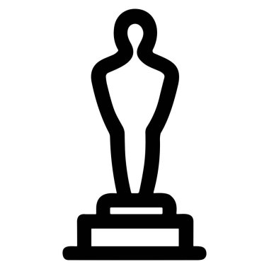 Ünlü bir film ödülünü tasvir eden basit ve temiz bir vektör grafik ikonu. Şekillendirilmiş insan figürü beyaz bir arka planda izole edilmiş bir kaidede duruyor..