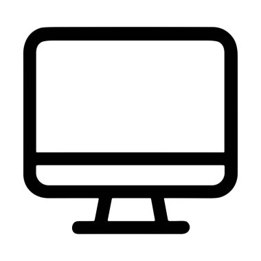 Beyaz arka planda izole edilmiş bir bilgisayar monitörünün temiz ve minimalist siyah ana hatlı simgesi. Bu grafik sembol teknolojiyi, masaüstü hesaplamasını ve dijital görüntülemeyi temsil eder..