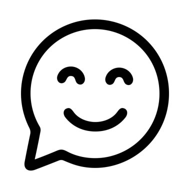 Minimalist bir siyah çizgi simgesi. İçinde mutlu, gülümseyen gözleri kapalı bir yüz olan bir konuşma balonu. Bu vektör grafiği pozitif iletişimi, iyi haberleri ya da dostça geri bildirimi temsil eder..