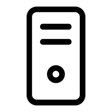 Bir bilgisayar kulesini ya da bilgisayar sistemi birimini temsil eden basit bir siyah beyaz çizgi resim ikonu. Bu minimalist grafik, bilgisayar ve teknolojiyi sembolize eden bir güç düğmesi ve sürücü bölmeleri içerir..