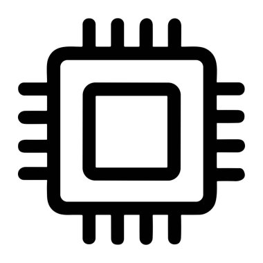 Merkezi işlemci birimi veya mikroçipi temsil eden temiz ve basit bir vektör grafik ikonu. Tasarım, beyaz bir arkaplanda izole edilmiş bağlantı pimleri ile kare bir şekil içerir..