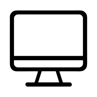Masaüstü bilgisayar monitörünün duruşu olan temiz ve basit bir siyah taslak simgesi. Bu minimalist vektör grafiği kullanıcı arayüzleri, web siteleri ve teknoloji kavramları için mükemmeldir.