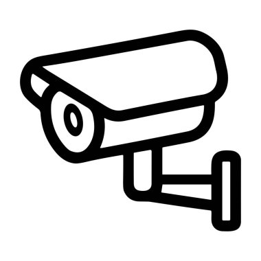 Duvara monte edilmiş güvenlik kamerasının basit bir siyah ana hatlı simgesi. Gözetleme, izleme ve korumayı simgeliyor..