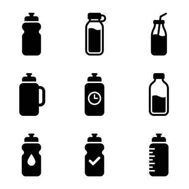 Spor, spor, spor ve günlük sıvı için çeşitli su şişelerini, karıştırıcıları ve içecek kaplarını tasvir eden dokuz basit siyah ve beyaz vektör ikonundan oluşan bir koleksiyon..