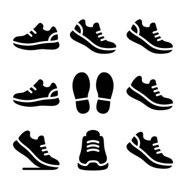 Yandan, önden ve bir çift ayak izinden spor ayakkabılarını gösteren dokuz sembol. Spor, koşma ya da zindelik kavramları için basit siyah siluet tasarımı.