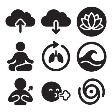 Bulut verisi, nilüfer çiçeği, yoga pozu, akciğer dolaşımı, okyanus dalgası, derin nefes alma ve rahatlama teknikleri gibi kavramları temsil eden siyah ve beyaz simgelerden oluşan bir koleksiyon..