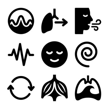 Solunum, akciğer, nabız, rahatlama ve meditasyon gibi sağlık ve sağlık uygulamaları için uygun kavramları temsil eden dokuz basit siyah simgenin bir derlemesi.