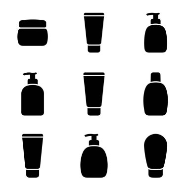 Beyaz arka planda izole edilmiş kavanoz tüpleri ve pompa şişeleri de dahil olmak üzere çeşitli kozmetik ve cilt ürünlerini temsil eden dokuz siyah siluet simgesi koleksiyonu.