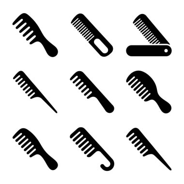 Değişik saç taraklarını temsil eden dokuz farklı siyah vektör ikonundan oluşan bir koleksiyon. Kuaförlük ya da kişisel bakım için klasik, katlama ve el taramaları içerir.