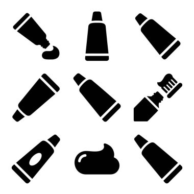 Diş macunu tüplerini, macunlu bir diş fırçasını ve ağ ve grafik tasarımı için beyaz bir zemin üzerinde izole edilmiş bir krem parçasını tasvir eden dokuz katı siyah kabartma simgesinden oluşan bir koleksiyon..