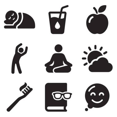 Uyku, egzersiz, meditasyon, sağlıklı beslenme, okuma ve düzenli bir günlük rutin için pozitif düşünme gibi sağlıklı alışkanlıkları temsil eden dokuz basit sembolden oluşan bir derleme..