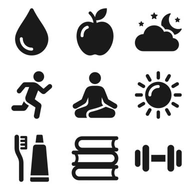 Sağlıklı bir yaşam tarzı için bir dizi vektör simgesi. Hidrasyon, beslenme, uyku, koşu, meditasyon, hijyen, okuma ve spor için semboller içerir.
