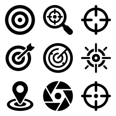 Hedef, hedef, hedef, hedef, hedef, odaklanma, doğruluk ve iş stratejisi ve pazarlama için konum gibi kavramları temsil eden dokuz katı siyah simge koleksiyonu.