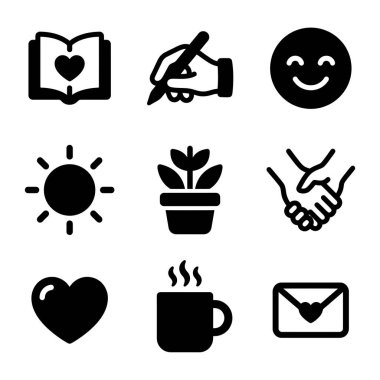 Sevgi, yazı, mutluluk, doğa ve konfor gibi olumlu temaları temsil eden dokuz basit siyah katı simgenin toplanması. Kalp, güneş, kahve ve el ele tutuşma sembolleri içerir.