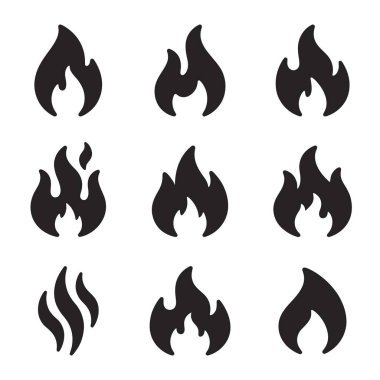Dokuz farklı alev ikonundan oluşan bir koleksiyon. Isı, tehlike ve enerjiyi temsil eden basit siyah siluet şekilleri. Tasarım için izole vektör grafik ögeleri.