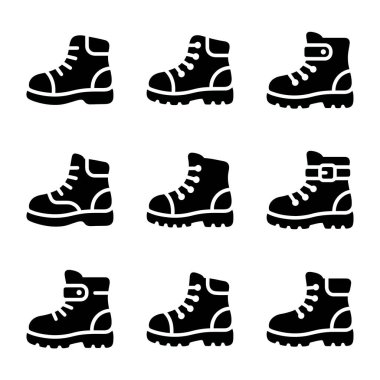 İçinde iş botları, yürüyüş botları ve savaş botları gibi farklı tipte botların bulunduğu dokuz izole edilmiş siyah vektör simgesi. Ayakkabı ve moda tasarımı için basit semboller.
