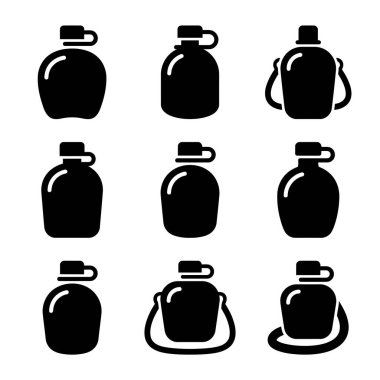 Çeşitli matara, su şişeleri ve mataraları tasvir eden dokuz siyah vektör ikonundan oluşan çok yönlü bir koleksiyon. Seyahat, kamp ve açık hava macera temaları için mükemmel..