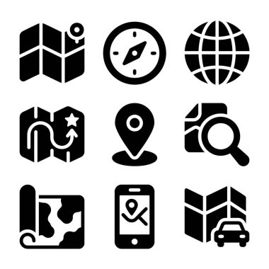 Haritaları, GPS 'i, navigasyonu ve seyahati temsil eden dokuz siyah sembol koleksiyonu. Kullanıcı arayüzü tasarımı için pusula, dünya, konum pimi ve mobil uygulama sembolleri içerir.