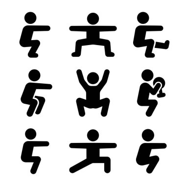 Farklı tip çömelme egzersizlerini gösteren dokuz basit siyah piktogramdan oluşan bir koleksiyon. Simgeler fitness, güç eğitimi ve egzersiz için çeşitli vücut pozisyonlarını gösteriyor.