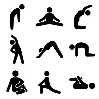 İnsanları farklı esneme ve ısınma pozisyonlarında gösteren dokuz basit siyah piktogramdan oluşan bir koleksiyon. Zindelik, yoga ve sağlık kavramları için vektör simgeleri.