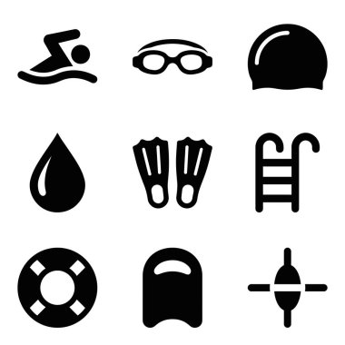 Yüzücü, gözlük, kep, palet, havuz merdiveni, can simidi ve kickboard dahil olmak üzere çeşitli yüzme ve su güvenliği öğelerini temsil eden dokuz basit siyah ve beyaz vektör simgesinden oluşan bir koleksiyon..