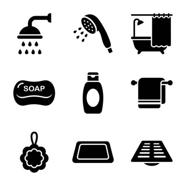 Banyo ve duş malzemelerini temsil eden dokuz siyah beyaz ikon koleksiyonu. Duş başlığı, küvet, sabun, şampuan, havlu, sünger, paspas ve lavabo dahil. Basit vektör kabartma biçimi.
