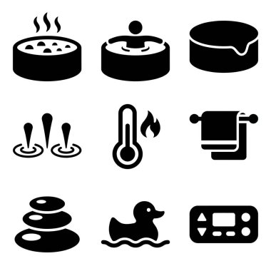 Jakuzi, su jetleri, termometre, havlu, zen taşı ve kontrol paneli de dahil olmak üzere kaplıca ve jakuzi elementlerini temsil eden dokuz siyah kabartma ikonundan oluşan bir koleksiyon..