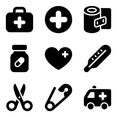 İlk yardım çantası, ambulans, bandaj ve termometre de dahil olmak üzere dokuz temel tıbbi ve acil durum ikonundan oluşan bir koleksiyon..