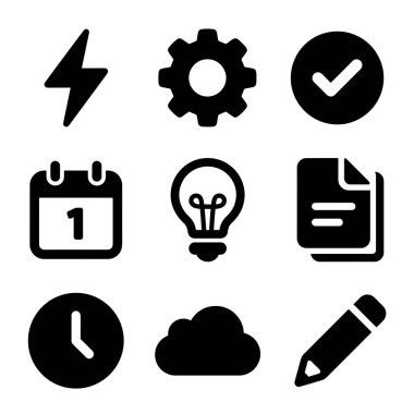 Beyaz arka planda izole edilmiş bir dizi temel düz iş ve üretkenlik simgesi. Enerji, ayar, tamamlama, zamanlama, fikirler, dosyalar, zaman, bulut ve düzenleme sembollerini içerir.