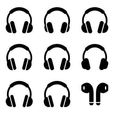 Çeşitli kulaklık ve kablosuz kulaklıkları tasvir eden dokuz adet siyah siluet simgesi. Müzik veya ses temaları için beyaz arkaplanda izole edilmiş basit vektör grafikleri.