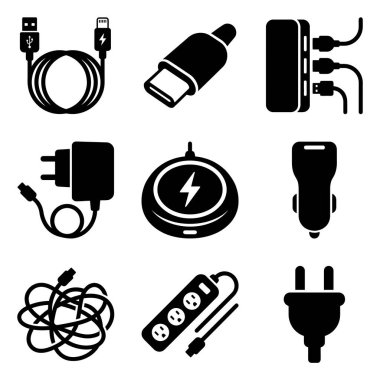 Kablolar, duvar prizleri, araba adaptörleri, kablosuz şarj cihazları ve elektrik şeritleri gibi çeşitli elektronik aksesuarları temsil eden siyah ve beyaz simgelerden oluşan bir koleksiyon..
