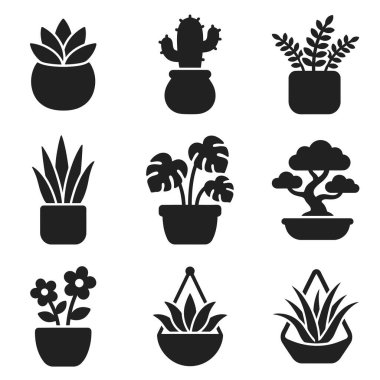 Farklı türde kapalı alan bitkilerini gösteren dokuz basit siyah vektör ikonundan oluşan bir koleksiyon. Çeşitli saksılarda sulu, kaktüs, canavar, bonsai ve çiçek açan bitkiler bulunur..