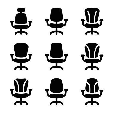 Değişik ergonomik ofis sandalyelerini temsil eden dokuz katı glyph simgesinden oluşan çok yönlü bir koleksiyon, mobilya, iş dünyası veya iş yeri temalı tasarımlar için mükemmel.