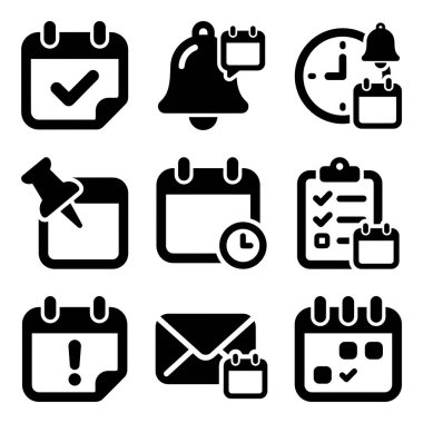 Kullanıcı arayüzü tasarımı için atamalar, hatırlatıcılar, son teslim tarihleri ve zaman yönetimi gibi çeşitli fonksiyonları temsil eden koyu siyah simgelerin bir koleksiyonu.