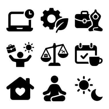 İş hayatı dengesi, akıl sağlığı, esnek program, uzak çalışma ve sağlıklı bir yaşam tarzı için günlük rutin gibi kavramları temsil eden siyah katı simgelerden oluşan bir derleme..