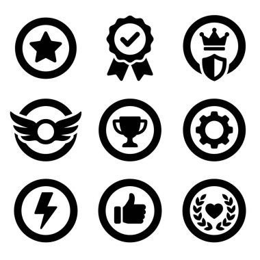 Zafer, güç ve onay gibi kavramları temsil eden dokuz düz vektör simgesinden oluşan bir derleme. Yıldız, kupa, taç ve web ve uygulama tasarımı için onay sembolleri içerir.