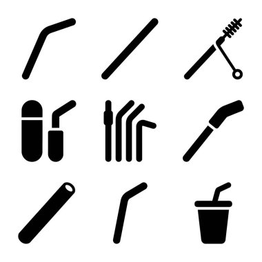 Bükülebilir, düz, katlanabilir, ve bir temizlik fırçası ve fincan da dahil olmak üzere çeşitli yeniden kullanılabilir pipetleri tasvir eden siyah ve beyaz vektör simgelerinden oluşan bir koleksiyon..