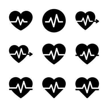 Kalp atışı, nabız ve kardiyogramı temsil eden dokuz izole siyah sembol. Beyaz arka planda sağlık, tıp ve kardiyoloji için vektör sembolleri.