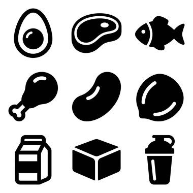 Yumurta, biftek, balık, tavuk, fasulye, süt, tofu ve protein karışımı gibi protein zengini yiyecekleri temsil eden dokuz basit simge koleksiyonu..