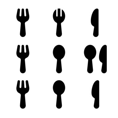 Çatallar, kaşıklar ve bıçaklar dahil olmak üzere çeşitli çatal, kaşık ve bıçaklardan oluşan basit siyah siluet simgelerinden oluşan bir koleksiyon, grafik tasarımında kolay kullanım için beyaz bir arkaplanda izole edilmiş..