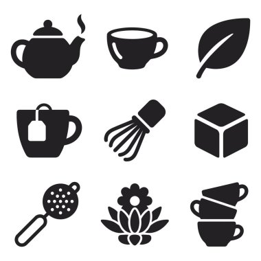 Tasarım elementleri için çaydanlık yaprağı fincanı, küp şeker süzgeci ve nilüfer çiçeği içeren beyaz arkaplandaki izole çay sembolleri koleksiyonu